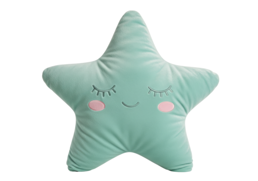 Isolated star-shaped plush pillow with eyelashes, sleeping expression, nursery decor item