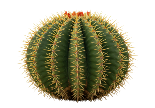 Isolated barrel cactus with sharp yellow spines and red flowers for decoration closeup