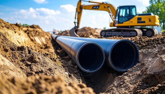 Large black pipes installed in construction trench indicate progress on infrastructure project