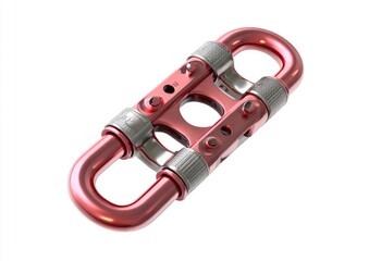 Red-tinted metal climbing carabiner, angled view