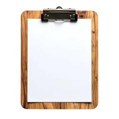 Wooden clipboard with blank white paper, metal clip. Realistic, isolated, high-angle shot