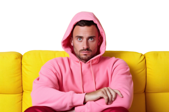 PNG Man in pink hoodie seated