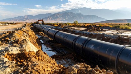 Large black pipes installed in construction trench indicate progress on infrastructure project