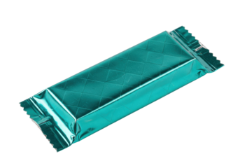 Isolated Teal Candy Bar Wrapped in Foil, a Sweet Treat and a Colorful and Shiny Snack