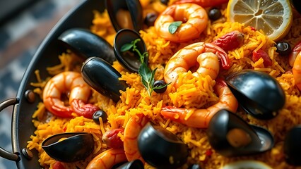 Spanish seafood paella with shrimp and mussels, vibrant overhead shot.