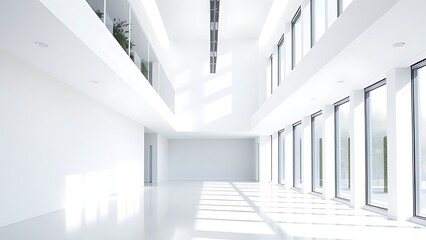 Modern white office corridor with large window and clean lines.