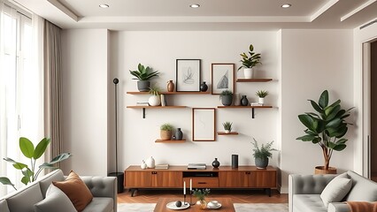 A modern living room interior with a decorative shelf of plants.