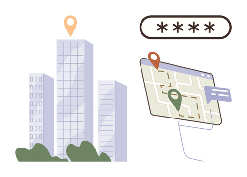 Skyscrapers with map pin, screen displaying map with route markers and chat bubble, password protection bar. Ideal for navigation, security, smart cities, digital maps, geolocation, technology urban