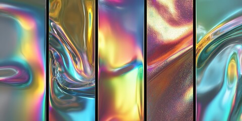 Iridescent Metallic Textures: A series of dynamic, holographic textures shimmer with a spectrum of color and movement, evoking a sense of fluid artistry.