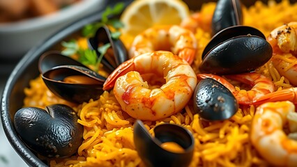 Close-up of traditional Spanish seafood paella with shrimp and mussels.