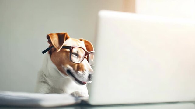 Cute dog with glasses sitting at a desk using a laptop, natural photo style, indoor background, concept of intelligent or working pet