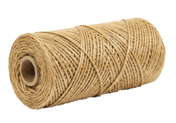 Isolated spool of twine, roll of string, wrapping thread, brown rope reel, jute packaging cord