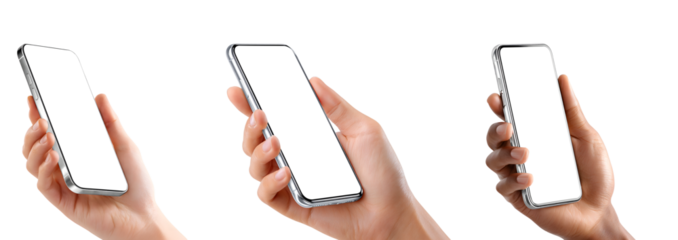 Hand holding smartphone with blank screen isolated on transparent background.