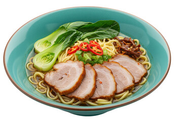 Isolated bowl of savory Japanese ramen noodle soup, featuring pork chashu, bok choy, green onions