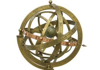 Isolated Armillary sphere with a miniature globe at center for navigation and astronomy