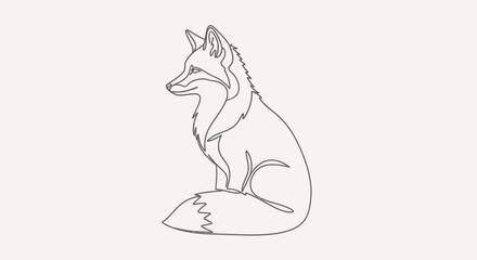 A minimalist line drawing depicting a seated fox, facing left, with detailed features.