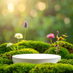 Round white pedestal on a bed of moss, surrounded by wildflowers in a sunlit, bokeh-filled background