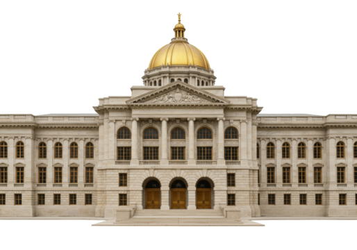 Isolated ornate state capitol building, landmark architecture in a classic civic design style