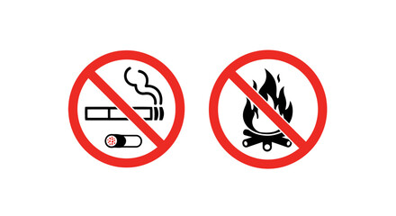 Two prohibition signs: one forbidding smoking with a cigarette, and the other forbidding open fires with flames.