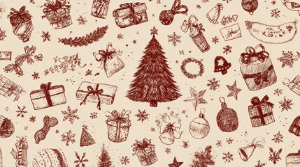 Festive Holiday Illustration Featuring Presents, Decorations, and a Christmas Tree in Detailed Hand-Drawn Style