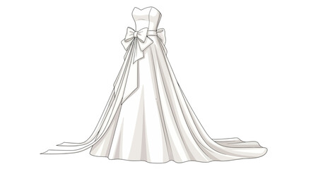 Elegant illustration of a strapless wedding gown featuring a large bow and train.