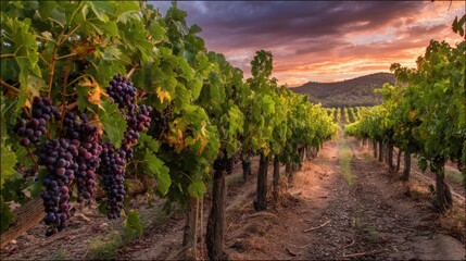 Naklejka premium Vineyard with ripe grapes at sunset