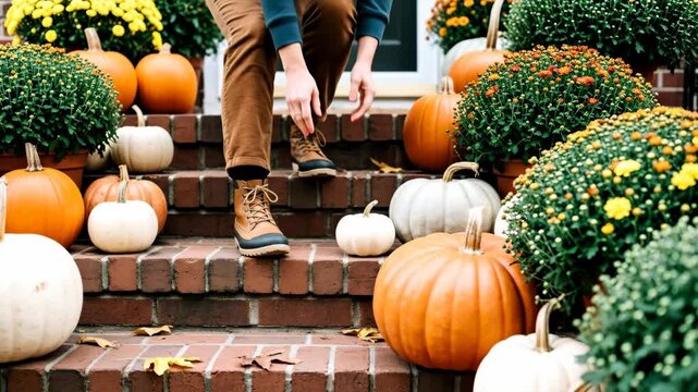 Woman arranging autumn pumpkin and mum decoration on brick steps for Halloween, fall season footage