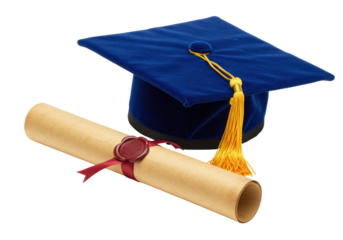 Isolated graduation cap and diploma celebrate academic achievement for education success