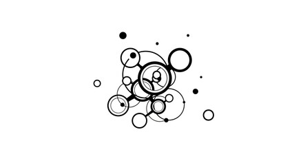 Abstract illustration with interconnected circles and dots, creating a network or molecular structure on a white background.