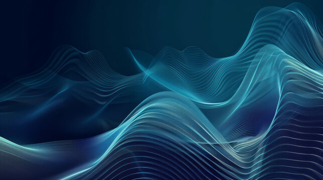 Abstract flowing wave lines with smooth curves in shades of blue representing energy movement and digital data visualization in a high-tech futuristic style