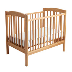 Wooden baby crib with slats, a white mattress, and a simple, clean design against black