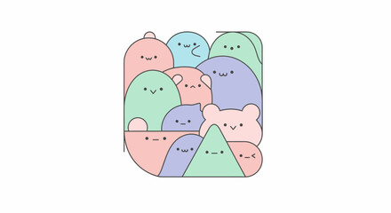A collection of whimsical, pastel-colored cartoon characters with smiling faces, tightly grouped.