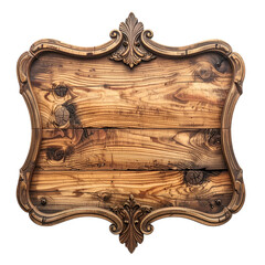 Ornate wooden sign with scrollwork, dark grain, and exposed nails, isolated on black