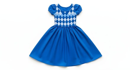 Bright royal blue short-sleeved girl's dress with argyle diamond pattern bodice isolated on white