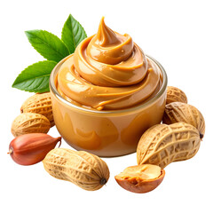 Creamy peanut butter swirl in a glass bowl, surrounded by peanuts and green leaves