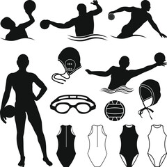 Water Polo Players and Equipment Silhouettes Collection, Water Polo Silhouette Bundle Illustration