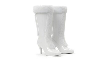 Pair of elegant white high-heeled boots with fur trim for winter style isolated PNG with Transparent Background