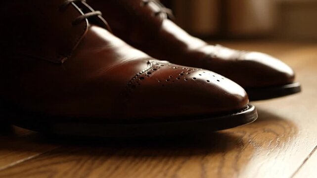 Elegant pair of brown leather dress shoes with brogue detailing on wood floor