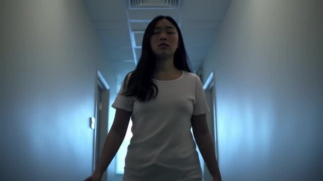 Young woman sleepwalking in a trance-like state through a dark house at night