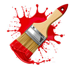 A paint brush, with bristles dipped in red paint, erupting a splash, isolated on black