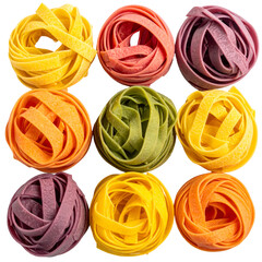 Vibrant, colorful nests of pasta arranged in a square, showcasing varied hues and textures