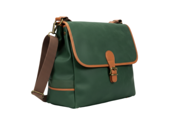 Isolated green and brown messenger bag with shoulder strap on a clean backdrop