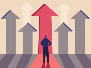 Fototapeta premium Man standing on red carpet facing multiple upward arrows symbolizing choice and future success