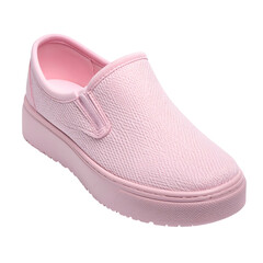 A single pink slip-on shoe with textured upper and a thick, matching sole, against a black background
