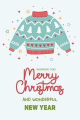 Colourful Christmas greeting card in cartoon style. Funny hand drawn winter sweater. Vector illustration