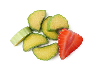 Pieces of rhubarb and strawberry isolated on white, top view