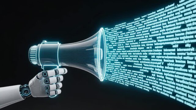 Digital Voice Amplification: A robotic hand holds a futuristic megaphone, amplifying data streams into the digital cosmos, symbolizing innovation and advanced technology.