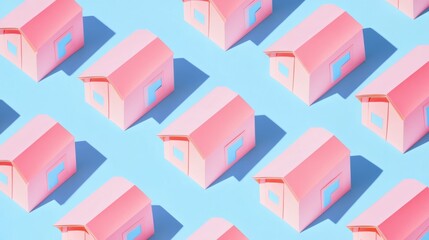 A row of pink houses are lined up on a blue background. The houses are all the same size and shape, and they are all pink. The houses are arranged in a way that creates a sense of order and uniformity