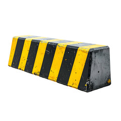 A concrete, striped barrier, painted black and yellow, angled slightly on a black background