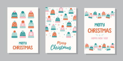 Collection of Christmas posters with decorations in cartoon style. Greeting card with hand drawn winter hats. Vector illustration